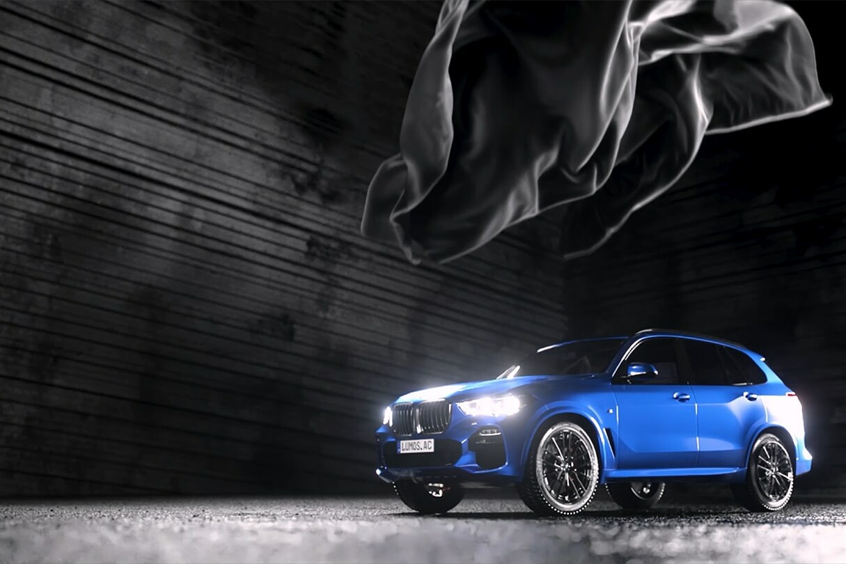 3D Visualisierung blaues Auto mit Umhang